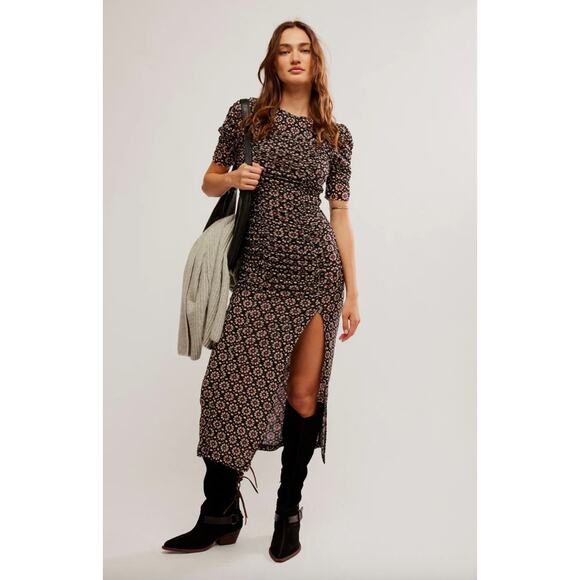 Free People Brielle Midi Dress Mesh Ruched Floral Side Slit Black Combo XS NWT - Picture 1 of 11